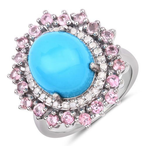 Rings-7.07 Carat Genuine Pink Tourmaline, Turquoise and White Diamond .925 Sterling Silver Ring