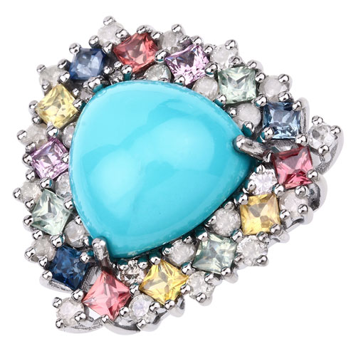 Sapphire-10.02 Carat Genuine Multi Sapphire, Turquoise and White Diamond .925 Sterling Silver Ring