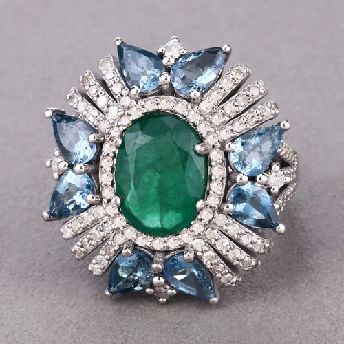7.30 Carat Genuine Emerald, London Blue Topaz and White Diamond .925 Sterling Silver Ring
