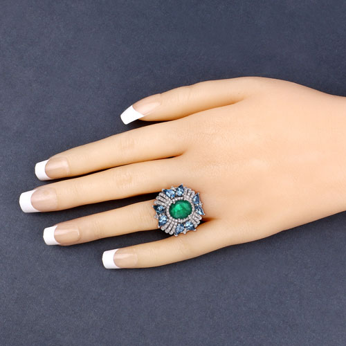 7.30 Carat Genuine Emerald, London Blue Topaz and White Diamond .925 Sterling Silver Ring