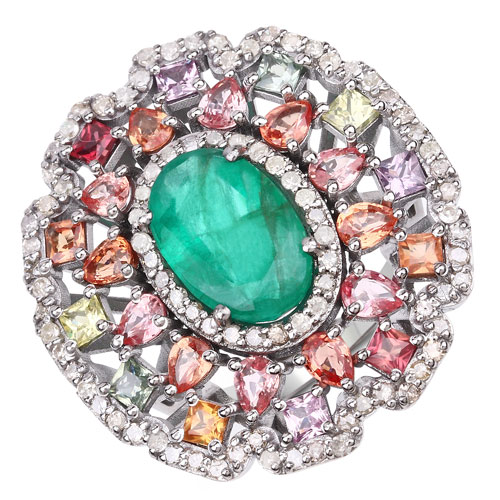 Sapphire-8.35 Carat Genuine Multi Sapphire, Emerald and White Diamond .925 Sterling Silver Ring