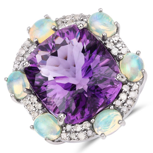 Opal-16.22 Carat Genuine Opal, Amethyst and White Diamond .925 Sterling Silver Ring