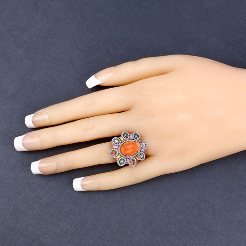 10.95 Carat Genuine Multi Sapphire, Opal and White Diamond .925 Sterling Silver Ring