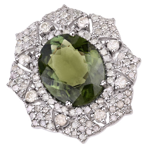 Rings-7.65 Carat Genuine Green Tourmaline and White Diamond .925 Sterling Silver Ring