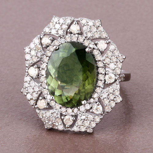 7.65 Carat Genuine Green Tourmaline and White Diamond .925 Sterling Silver Ring
