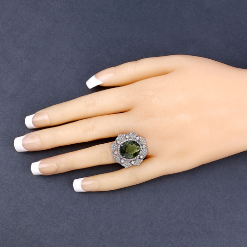 7.65 Carat Genuine Green Tourmaline and White Diamond .925 Sterling Silver Ring