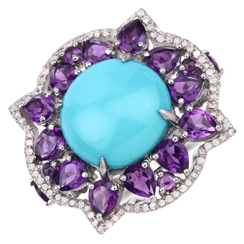 Amethyst-14.50 Carat Genuine Amethyst, Turquoise and White Diamond .925 Sterling Silver Ring