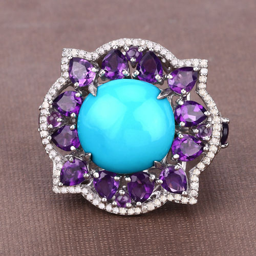 14.50 Carat Genuine Amethyst, Turquoise and White Diamond .925 Sterling Silver Ring