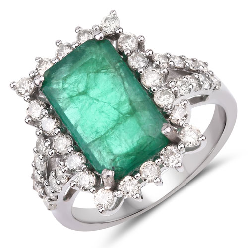 Emerald-5.12 Carat Genuine Emerald and White Diamond .925 Sterling Silver Ring