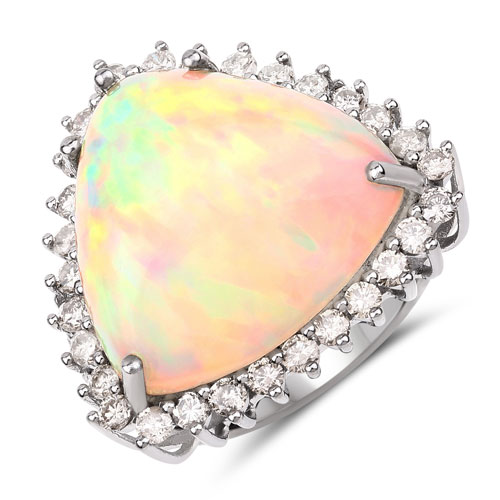 Opal-12.94 Carat Genuine Opal and White Diamond .925 Sterling Silver Ring
