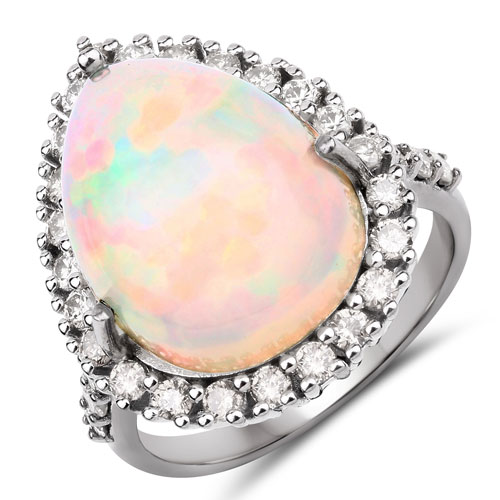 Opal-10.27 Carat Genuine Opal and White Diamond .925 Sterling Silver Ring