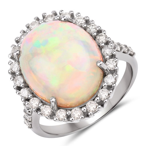 Opal-9.10 Carat Genuine Opal and White Diamond .925 Sterling Silver Ring