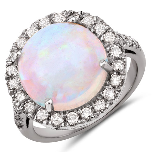 Opal-7.15 Carat Genuine Opal and White Diamond .925 Sterling Silver Ring