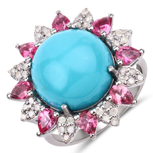 Rings-10.03 Carat Genuine Pink Tourmaline, Turquoise and White Diamond .925 Sterling Silver Ring