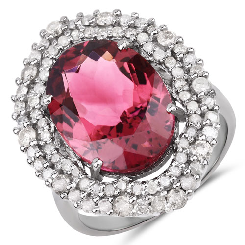Rings-9.01 Carat Genuine Pink Tourmaline and White Diamond .925 Sterling Silver Ring