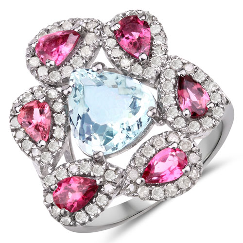 Rings-4.66 Carat Genuine Pink Tourmaline, Aquamarine and White Diamond .925 Sterling Silver Ring
