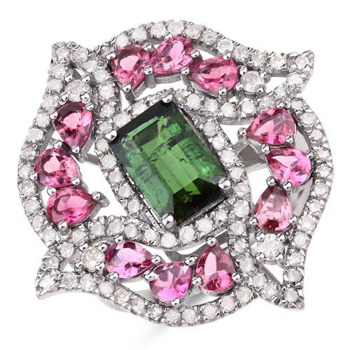 Rings-5.07 Carat Genuine Pink Tourmaline, Green Tourmaline and White Diamond .925 Sterling Silver Ring