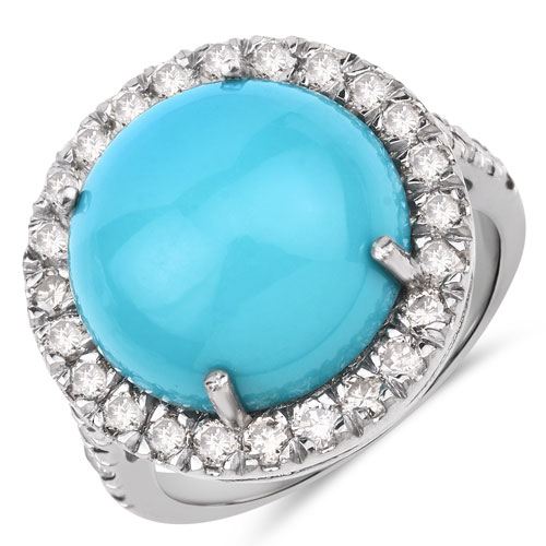 Rings-9.73 Carat Genuine Turquoise and White Diamond .925 Sterling Silver Ring