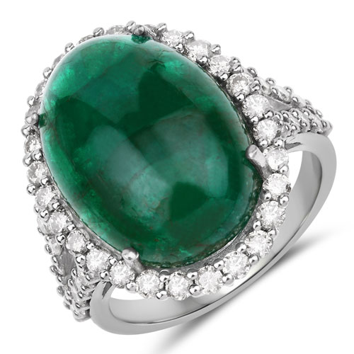 Emerald-18.04 Carat Genuine Emerald and White Diamond .925 Sterling Silver Ring