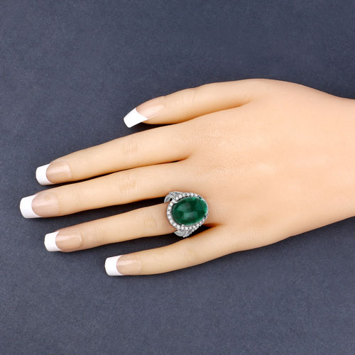 18.04 Carat Genuine Emerald and White Diamond .925 Sterling Silver Ring