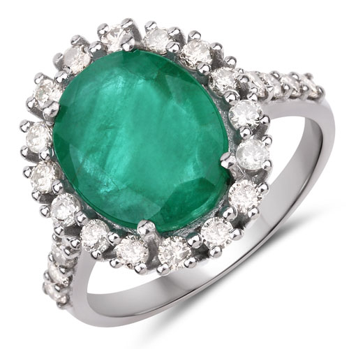 Emerald-5.40 Carat Genuine Emerald and White Diamond .925 Sterling Silver Ring