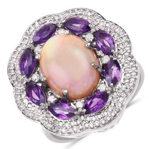 Amethyst-4.99 Carat Genuine Amethyst, Opal and White Diamond .925 Sterling Silver Ring