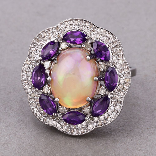 4.99 Carat Genuine Amethyst, Opal and White Diamond .925 Sterling Silver Ring