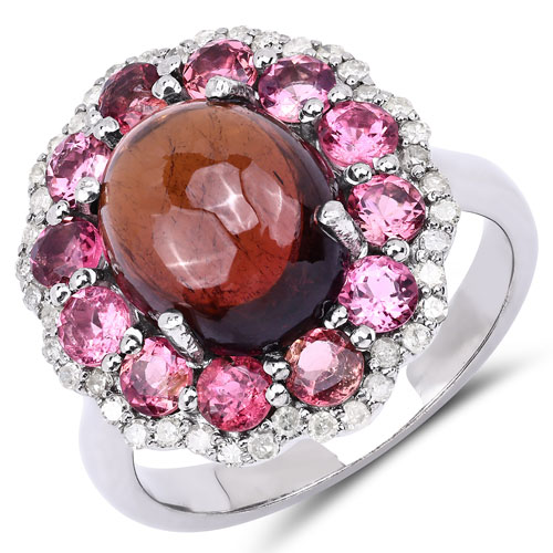 Rings-5.76 Carat Genuine Multi Tourmaline and White Diamond .925 Sterling Silver Ring