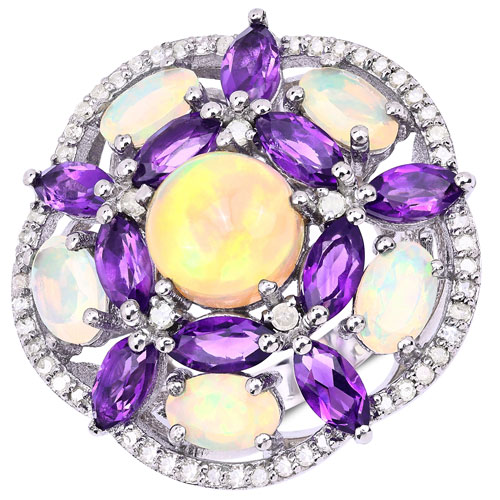 Opal-5.73 Carat Genuine Multi Stones and White Diamond .925 Sterling Silver Ring