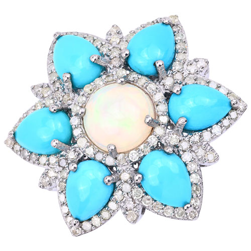 Opal-5.93 Carat Genuine Ethiopian Opal, Turquoise and White Diamond .925 Sterling Silver Ring