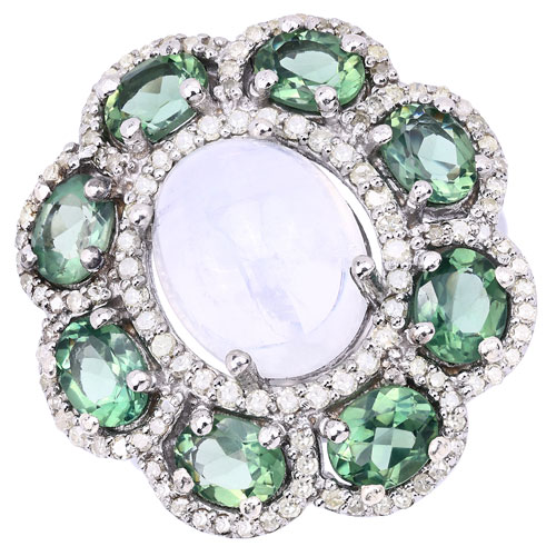 Rings-8.63 Carat Genuine Rainbow, Green Amethyst and White Diamond .925 Sterling Silver Ring