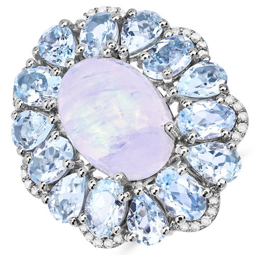 Rings-12.52 Carat Genuine Multi Stones and White Diamond .925 Sterling Silver Ring