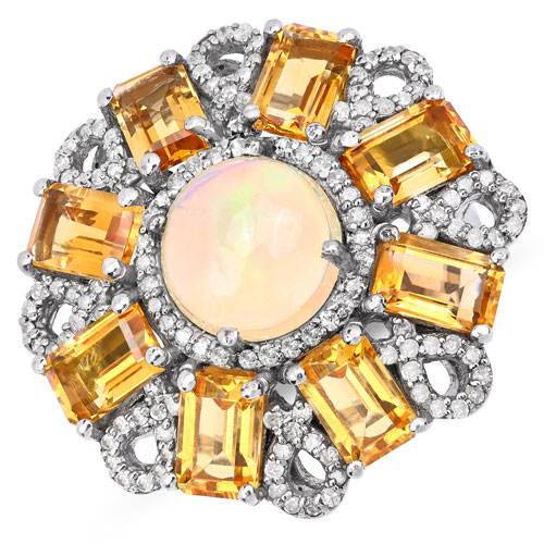 Opal-7.20 Carat Genuine Opal, Citrine and White Diamond .925 Sterling Silver Ring