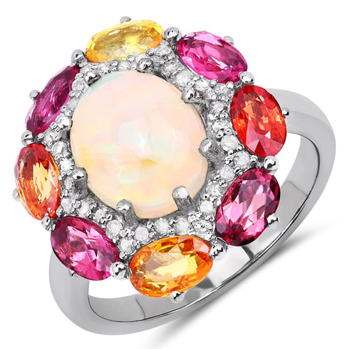 Opal-4.27 Carat Genuine Multi Stones and White Diamond .925 Sterling Silver Ring