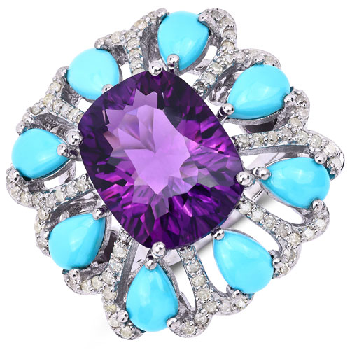 Amethyst-10.66 Carat Genuine Amethyst, Turquoise and White Diamond .925 Sterling Silver Ring
