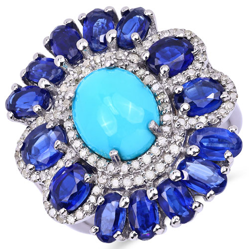 Rings-9.64 Carat Genuine Multi Stones and White Diamond .925 Sterling Silver Ring