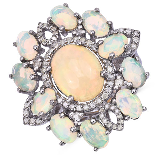Opal-6.65 Carat Genuine Multi Stones and White Diamond .925 Sterling Silver Ring