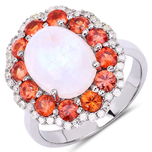 Rings-6.36 Carat Genuine Rainbow, Spessartite Garnet and White Diamond .925 Sterling Silver Ring