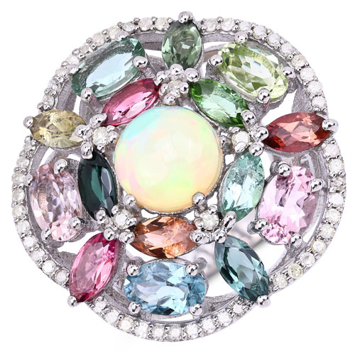 Opal-5.87 Carat Genuine Multi Stones and White Diamond .925 Sterling Silver Ring