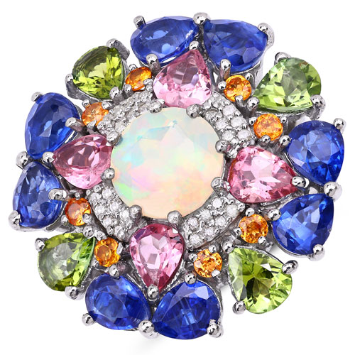 Opal-7.50 Carat Genuine Multi Stones and White Diamond .925 Sterling Silver Ring