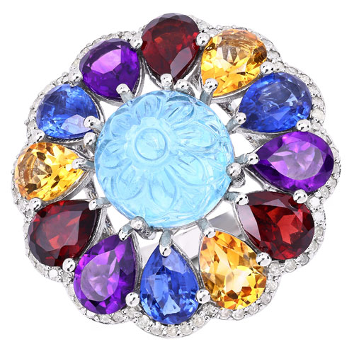 Rings-16.11 Carat Genuine Multi Stones and White Diamond .925 Sterling Silver Ring