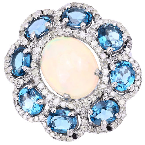 Opal-6.40 Carat Genuine Opal, London Blue Topaz and White Diamond .925 Sterling Silver Ring