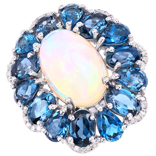 Opal-12.19 Carat Genuine Multi Stones and White Diamond .925 Sterling Silver Ring