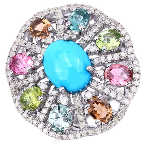 Rings-6.22 Carat Genuine Multi Stones and White Diamond .925 Sterling Silver Ring