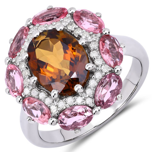 Rings-4.23 Carat Genuine Multi Tourmaline and White Diamond .925 Sterling Silver Ring