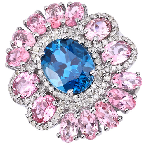 Rings-7.46 Carat Genuine Multi Stones and White Diamond .925 Sterling Silver Ring