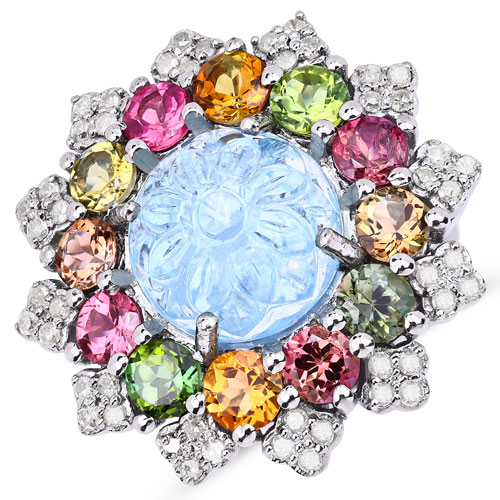 Rings-9.00 Carat Genuine Aquamarine, Multi Tourmaline and White Diamond .925 Sterling Silver Ring