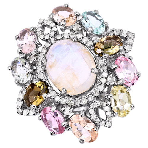 Rings-6.80 Carat Genuine Multi Stones and White Diamond .925 Sterling Silver Ring