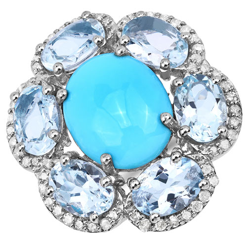 Rings-6.37 Carat Genuine Multi Stones and White Diamond .925 Sterling Silver Ring