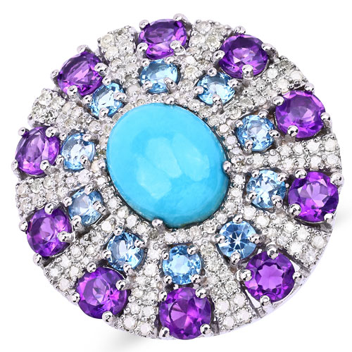 Rings-8.40 Carat Genuine Multi Stones and White Diamond .925 Sterling Silver Ring